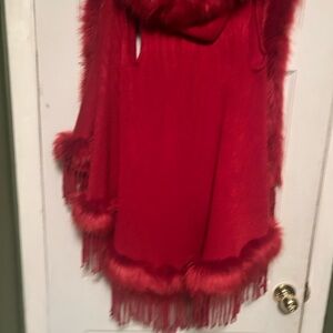 Elegant Red Faux Hooded Fur Trimmed Sleeveless Cardigan.  Gorgeous!!